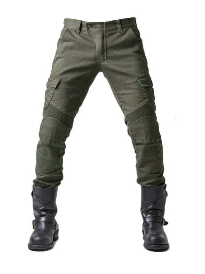 Army green denim jeans with locomotive pad - All In The Bag 