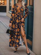 Perfee Split Printed Surplice Long Sleeve Midi Dress - All In The Bag