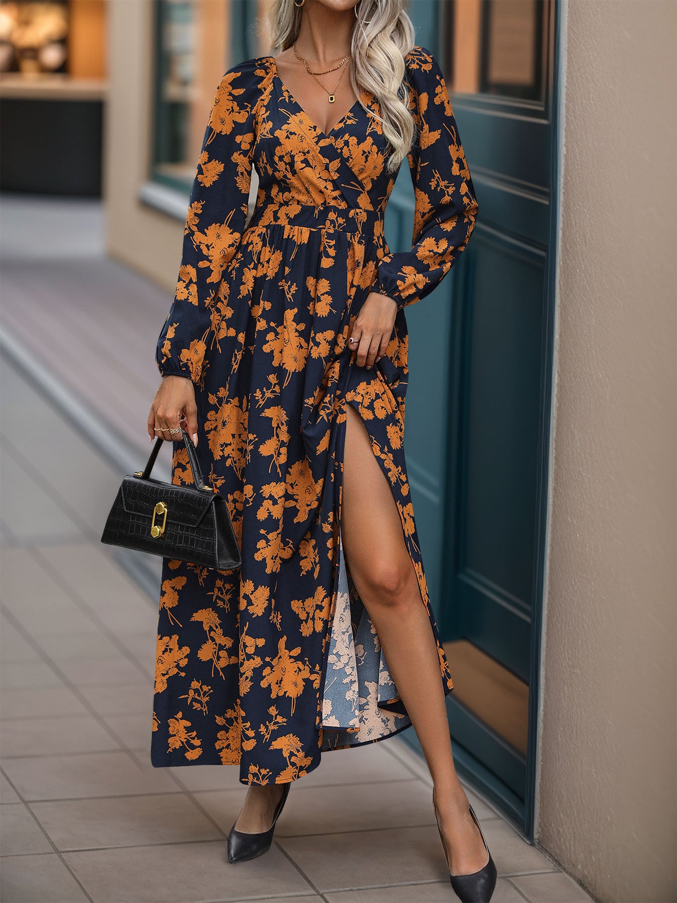 Perfee Split Printed Surplice Long Sleeve Midi Dress - All In The Bag