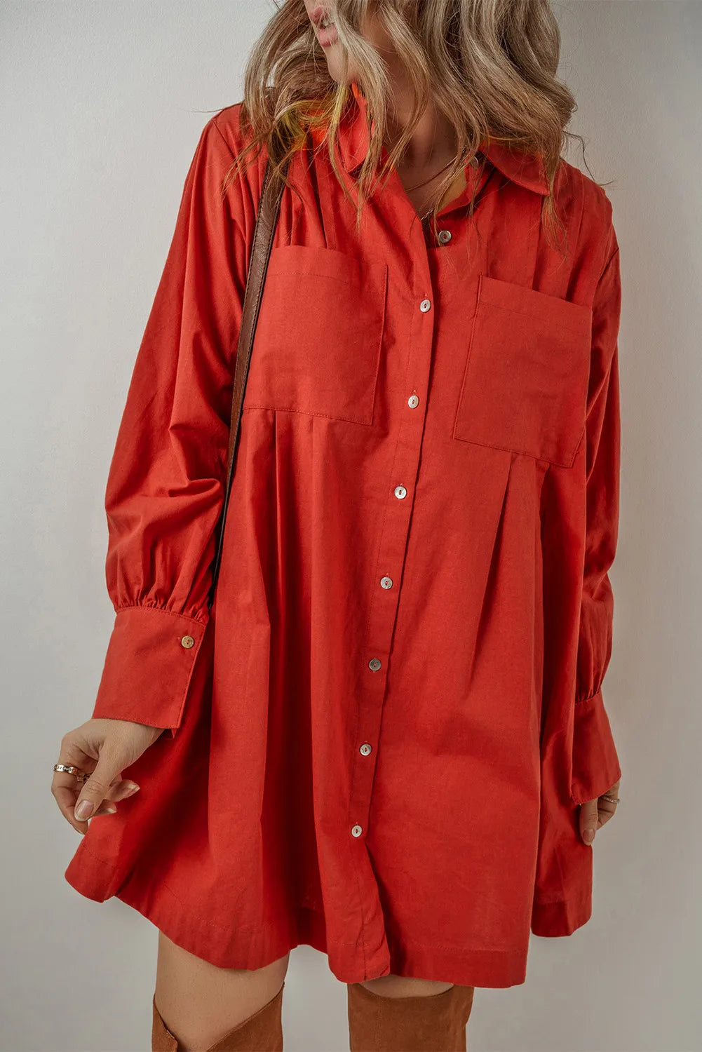 Pocketed Button Down Long Sleeve Shirt Dress - All In The Bag