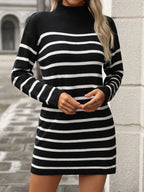 Striped Mock Neck Long Sleeve Mini Dress - All In The Bag