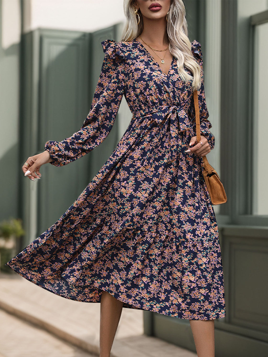 Perfee Printed Surplice Long Sleeve Midi Dress - All In The Bag