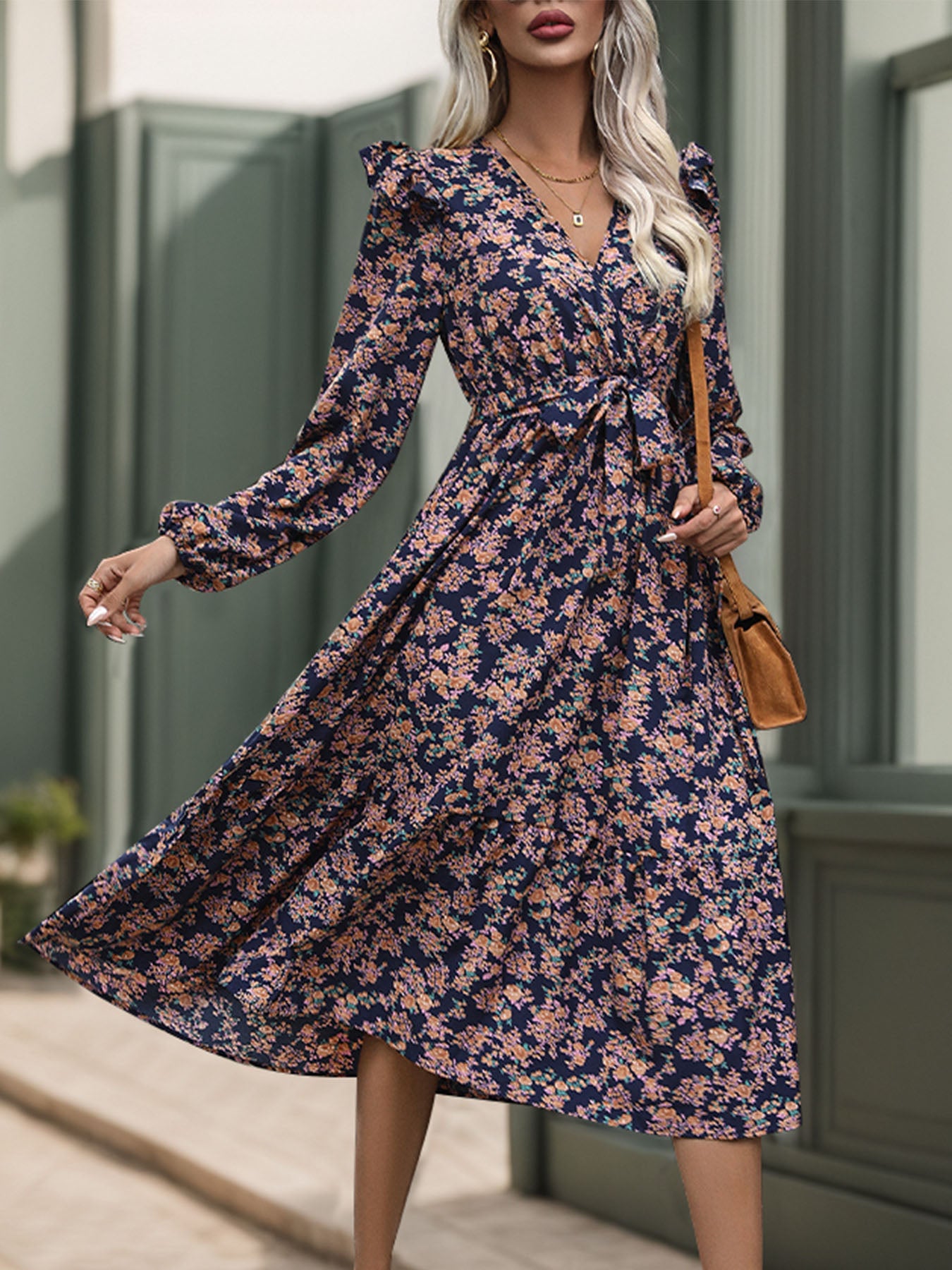 Perfee Printed Surplice Long Sleeve Midi Dress - All In The Bag