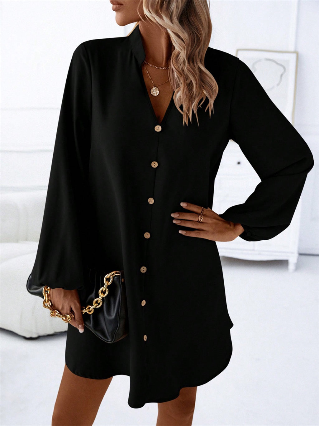 Notched Long Sleeve Mini Dress - All In The Bag