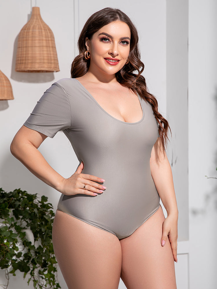 Plus Size Scoop Neck Short Sleeve One-Piece Swimsuit - All In The Bag