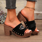 Buckle Trim Block Heel Sandals - All In The Bag