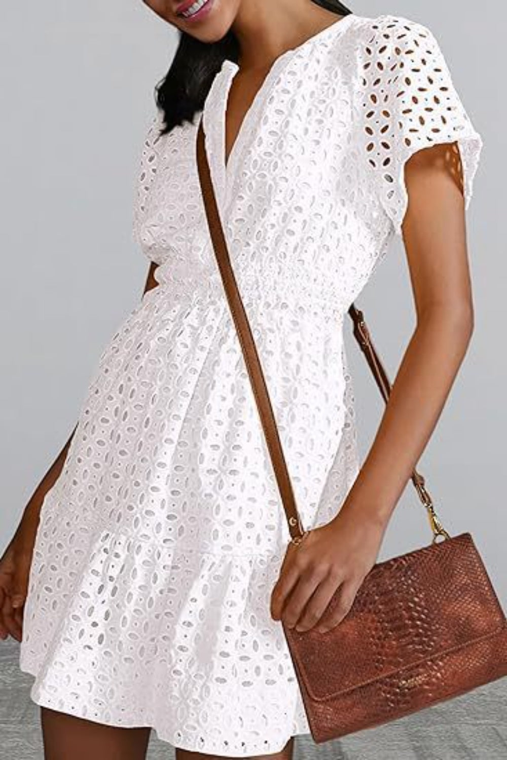 Eyelet Notched Short Sleeve Mini Dress - All In The Bag