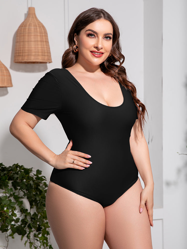 Plus Size Scoop Neck Short Sleeve One-Piece Swimsuit - All In The Bag