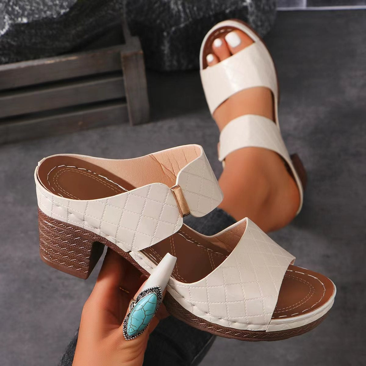 PU Leather Block Heel Sandals - All In The Bag