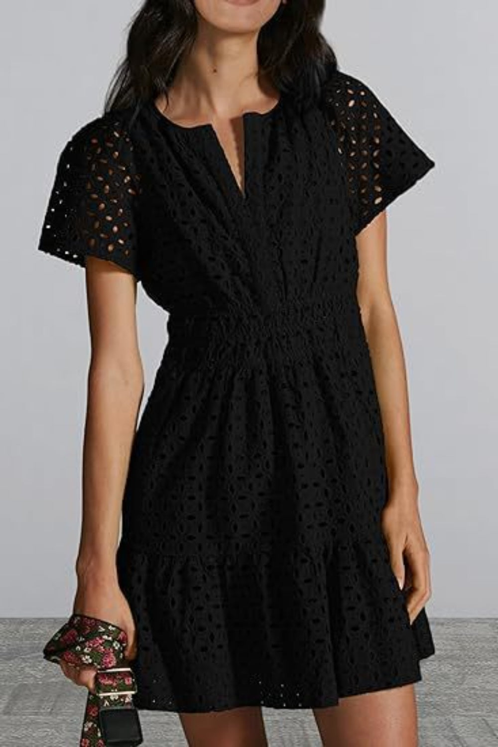 Eyelet Notched Short Sleeve Mini Dress - All In The Bag