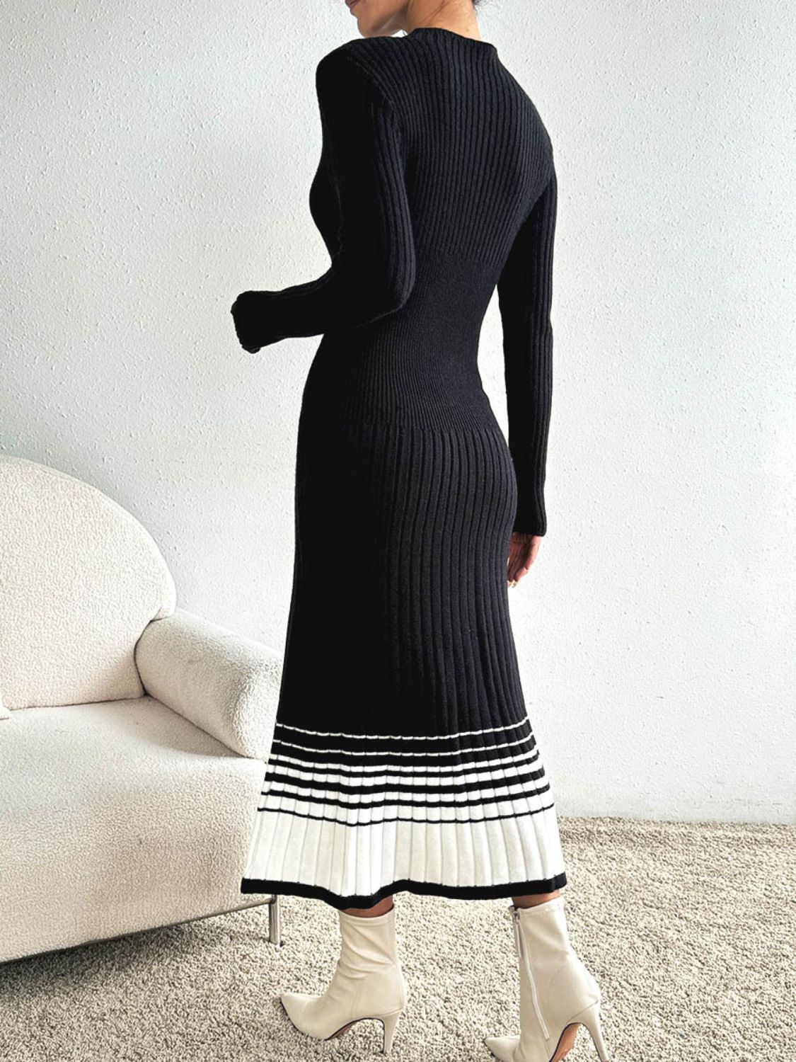 Contrast Mock Neck Long Sleeve Sweater Dress - All In The Bag