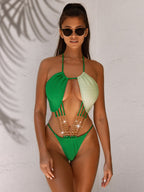 Contrast Halter Neck Chain Detail One-Piece Swimsuit - All In The Bag