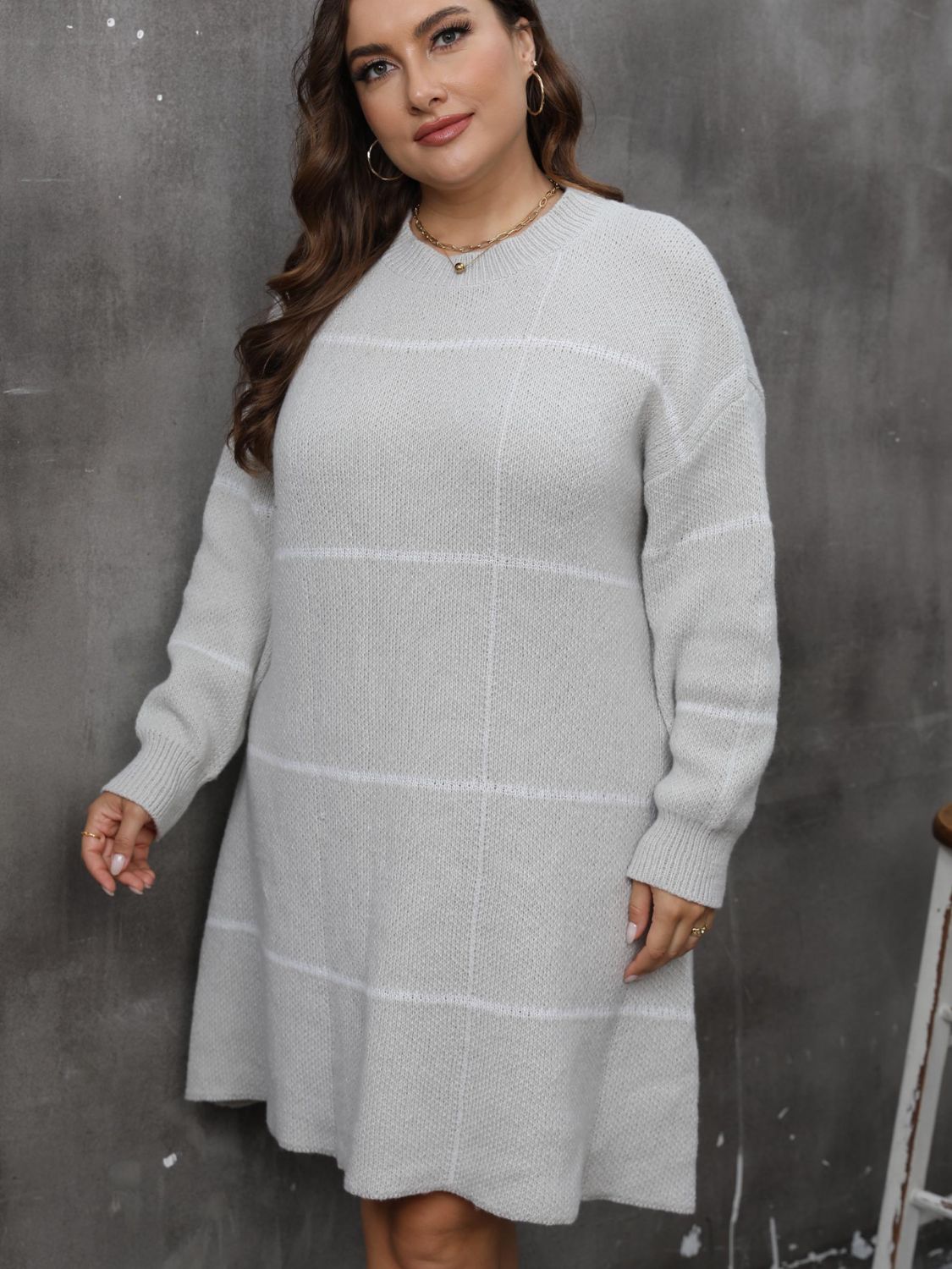 Plus Size Round Neck Long Sleeve Sweater Dress - All In The Bag