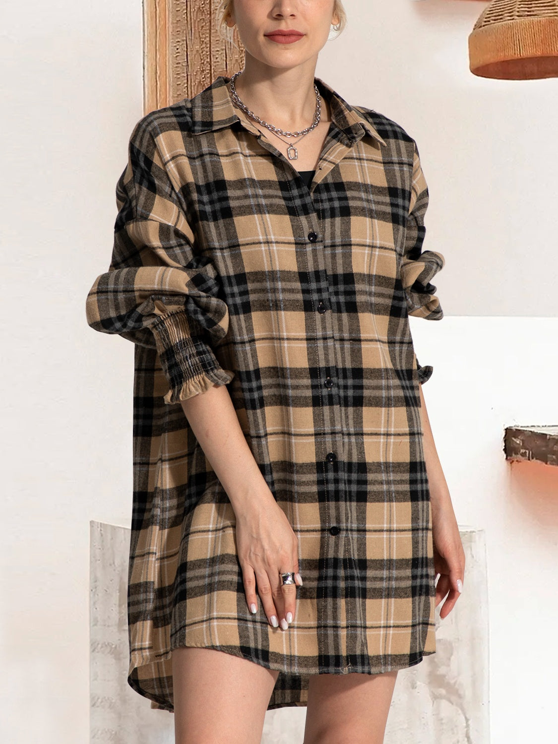 FAM-FAM Button Up Plaid Long Sleeve Shirt Dress - All In The Bag
