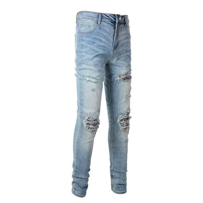 Cashew Flower Printed Patch Slim Fitting Light Colored Jeans For Men - All In The Bag 