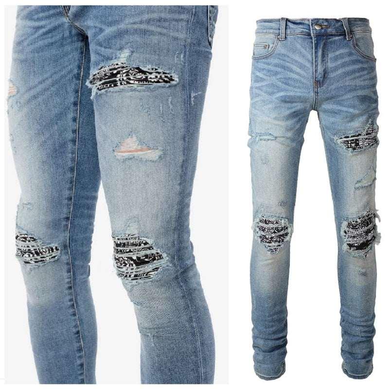 Cashew Flower Printed Patch Slim Fitting Light Colored Jeans For Men - All In The Bag 