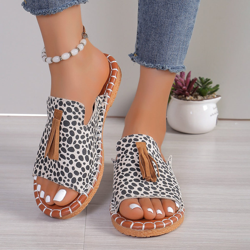 Fringe Leopard Open Toe Sandals - All In The Bag