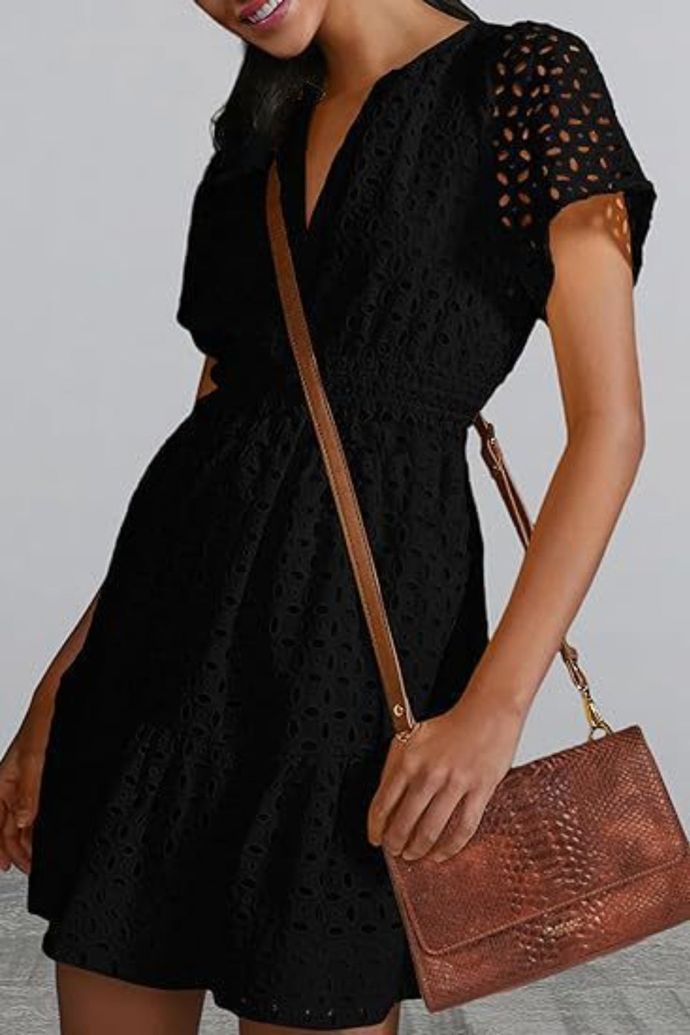 Eyelet Notched Short Sleeve Mini Dress - All In The Bag