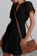 Eyelet Notched Short Sleeve Mini Dress - All In The Bag