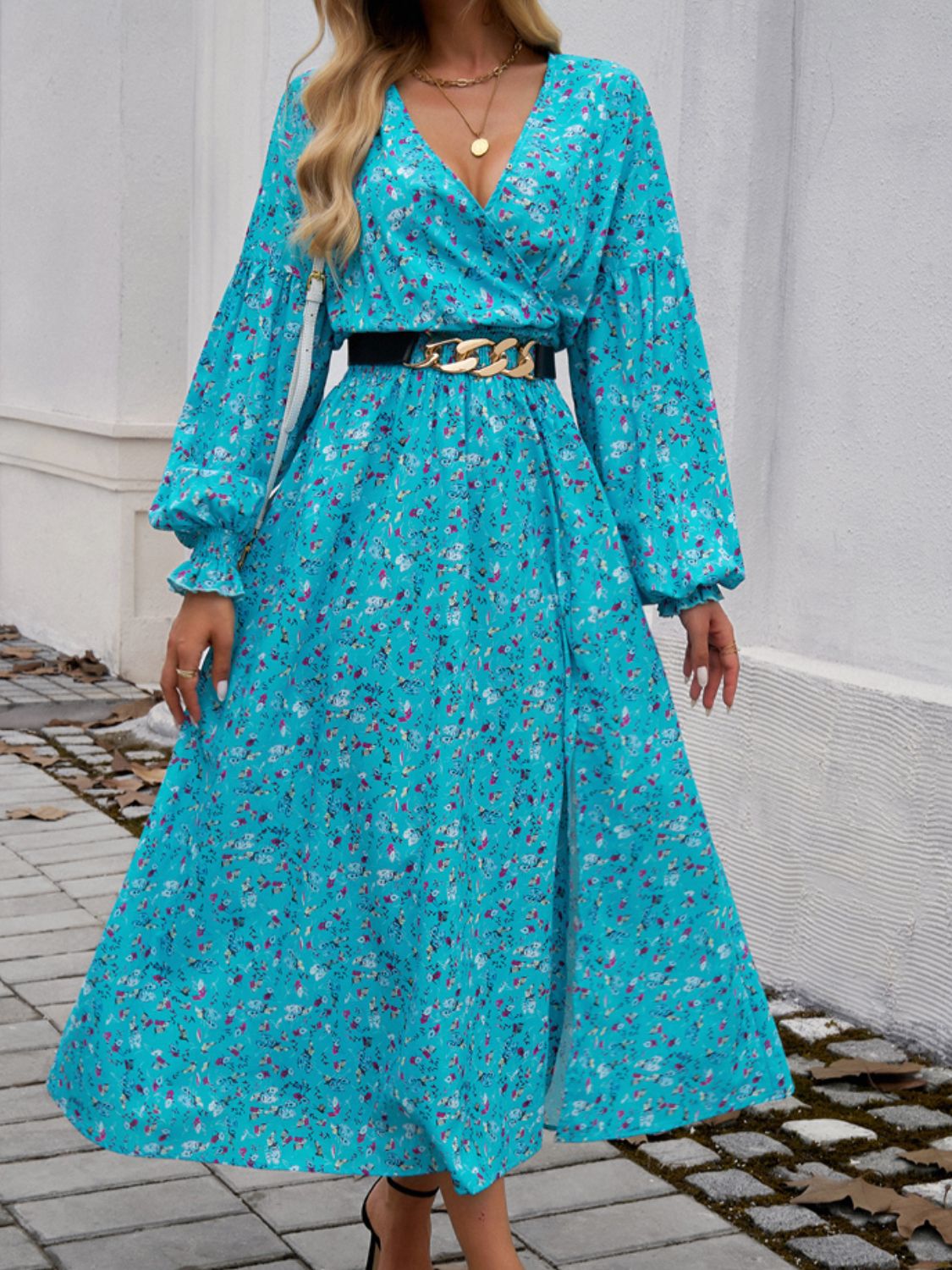 Devine Split Printed Surplice Long Sleeve Midi Dress - All In The Bag