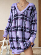 Distressed Plaid V-Neck Long Sleeve Sweater Dress - All In The Bag