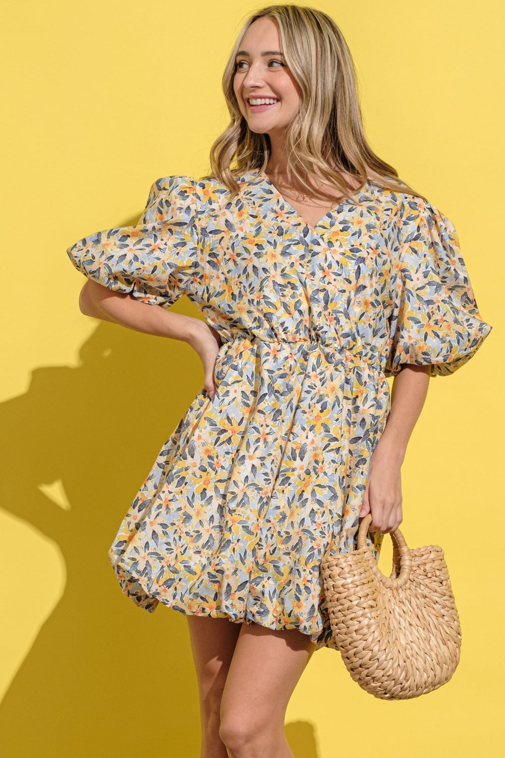 Full Size Floral Surplice Puff Sleeve Dress - All In The Bag