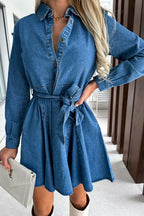 Tied Half Button Long Sleeve Denim Dress - All In The Bag