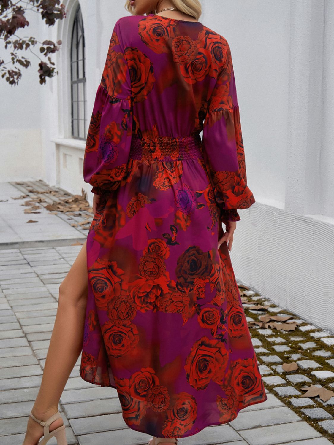 Devine Split Printed Surplice Long Sleeve Midi Dress - All In The Bag