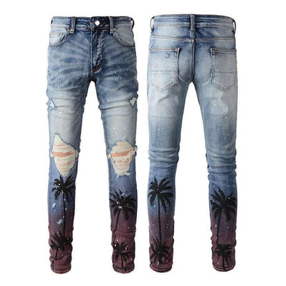 Digital Printing Coconut Pattern Spray Paint Ripped Jeans - All In The Bag 