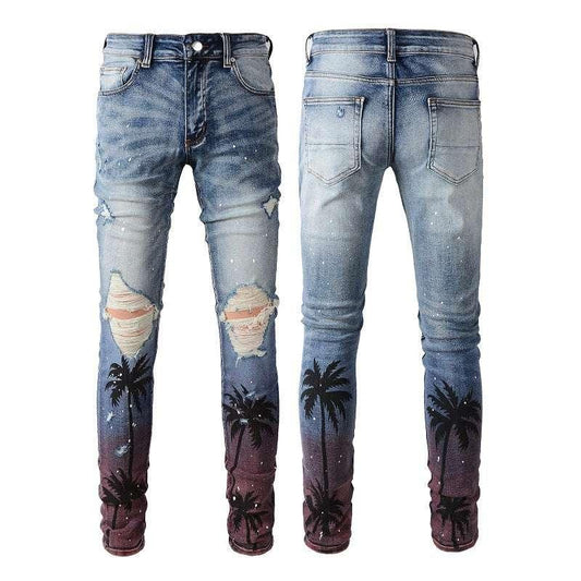 Digital Printing Coconut Pattern Spray Paint Ripped Jeans - All In The Bag 