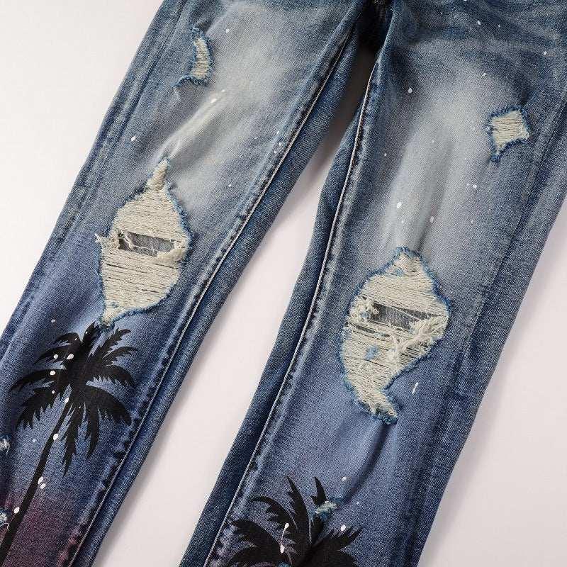 Digital Printing Coconut Pattern Spray Paint Ripped Jeans - All In The Bag 