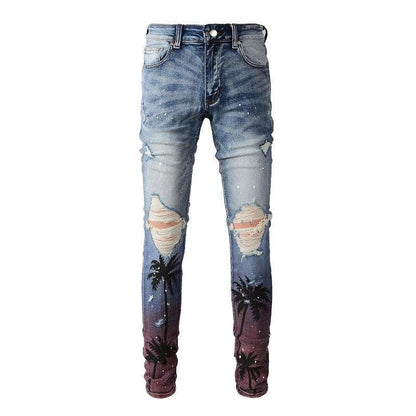 Digital Printing Coconut Pattern Spray Paint Ripped Jeans - All In The Bag 