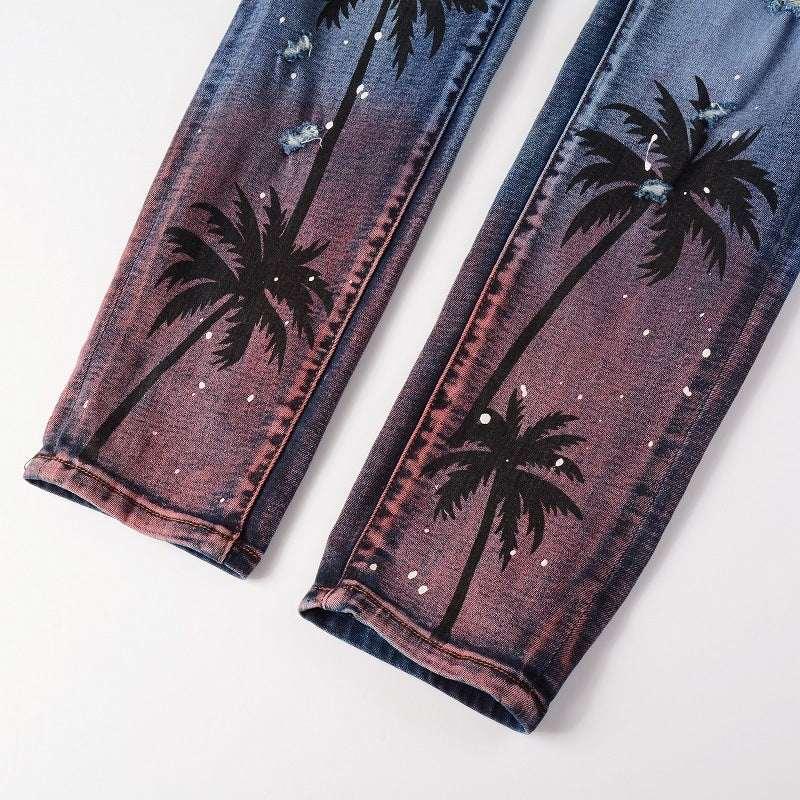 Digital Printing Coconut Pattern Spray Paint Ripped Jeans - All In The Bag 