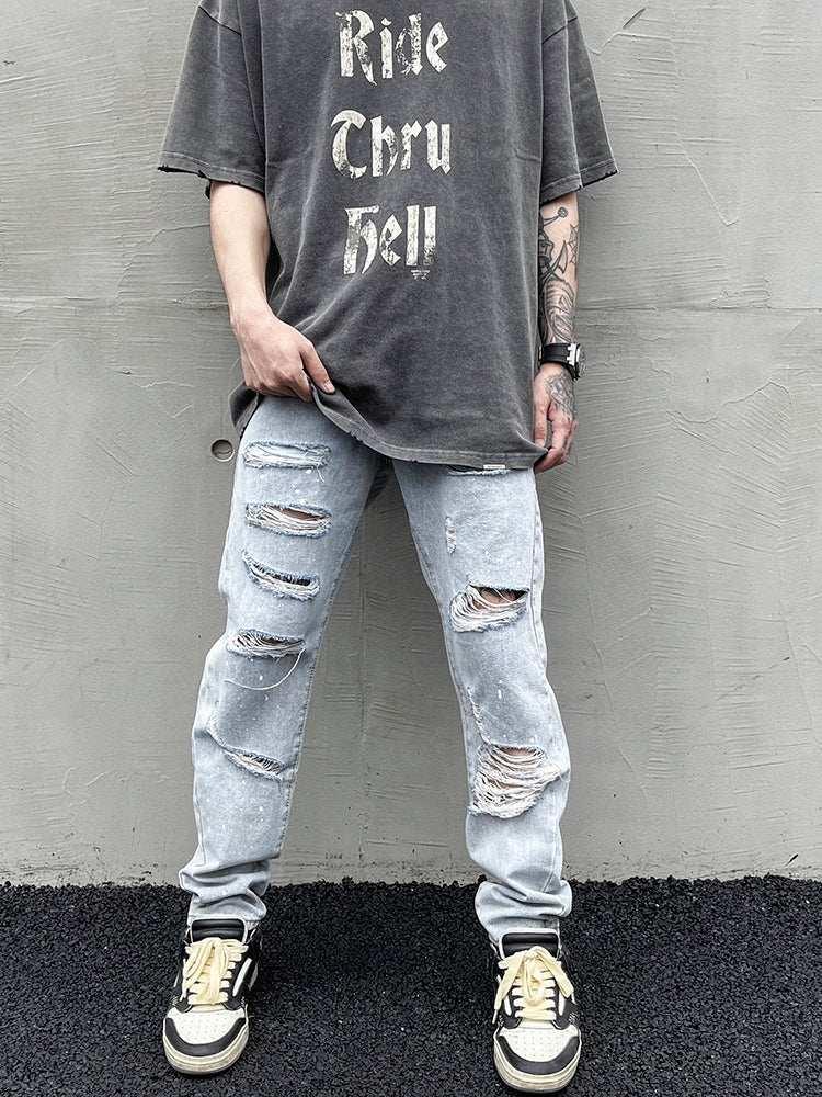 Distressed Slim-fit Jeans With Ripped Holes And Knife Cut With Splash Ink - All In The Bag 