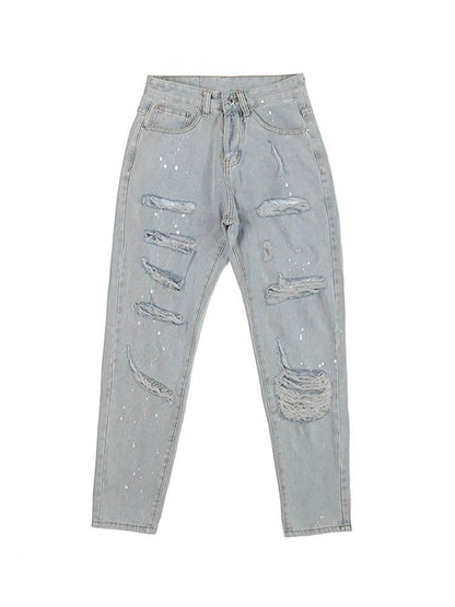 Distressed Slim-fit Jeans With Ripped Holes And Knife Cut With Splash Ink - All In The Bag 