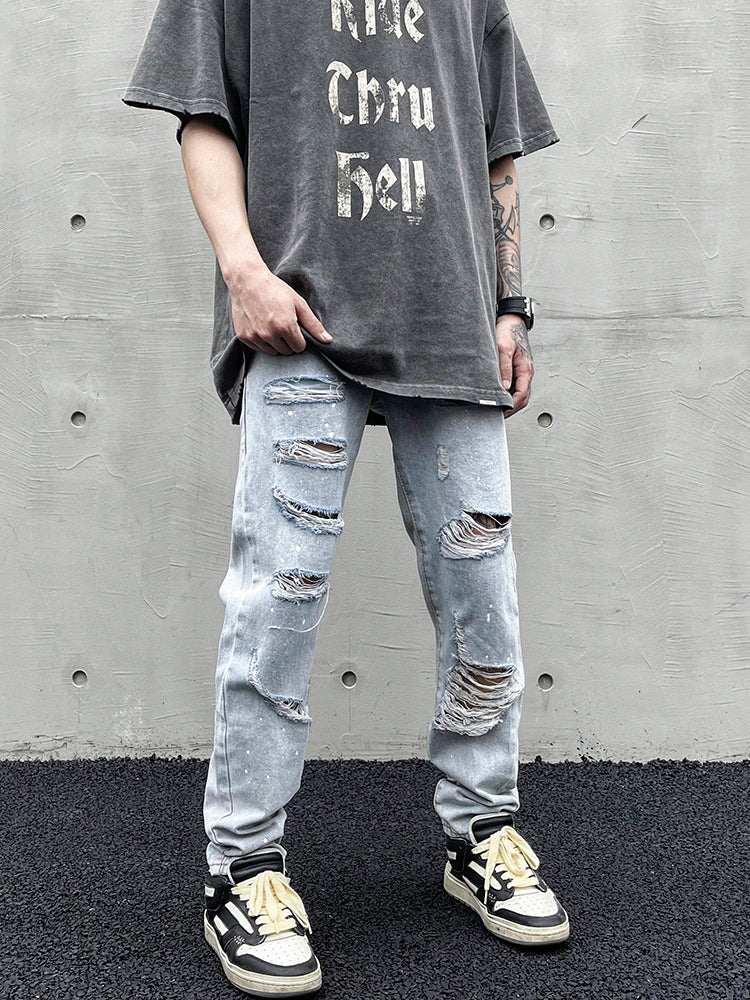 Distressed Slim-fit Jeans With Ripped Holes And Knife Cut With Splash Ink - All In The Bag 