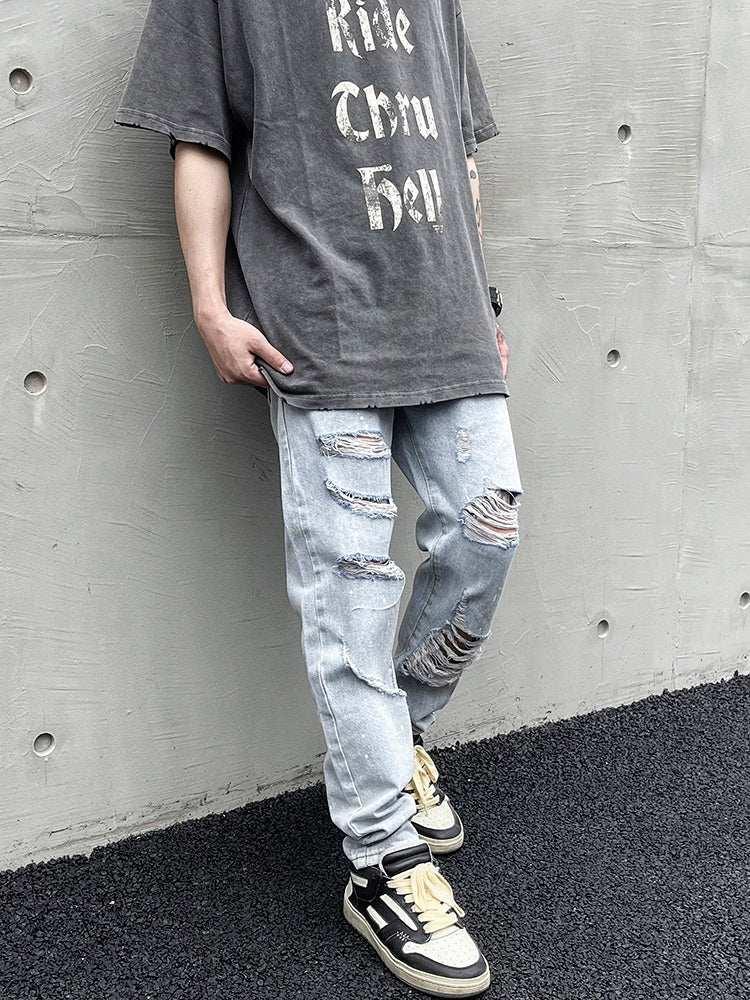 Distressed Slim-fit Jeans With Ripped Holes And Knife Cut With Splash Ink - All In The Bag 