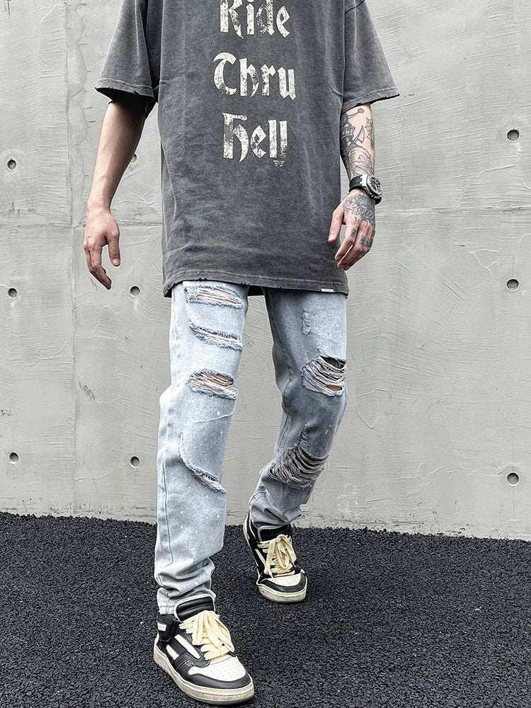 Distressed Slim-fit Jeans With Ripped Holes And Knife Cut With Splash Ink - All In The Bag 