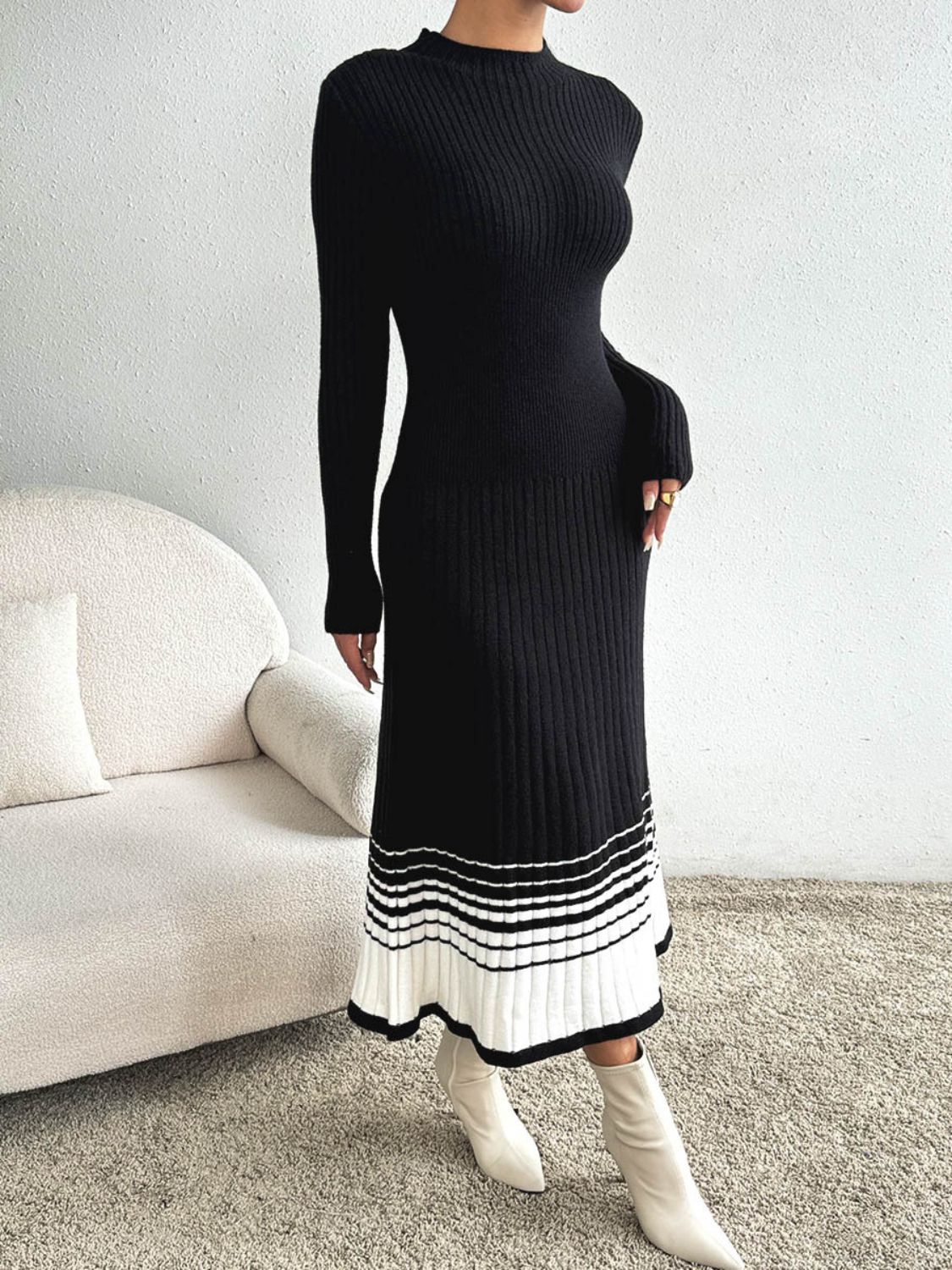 Contrast Mock Neck Long Sleeve Sweater Dress - All In The Bag
