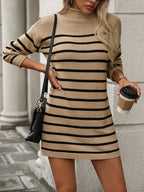 Striped Mock Neck Long Sleeve Mini Dress - All In The Bag