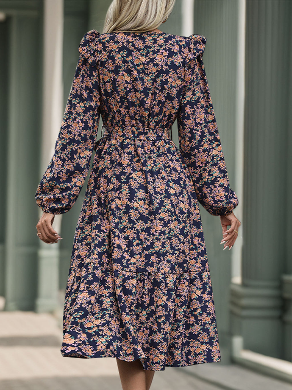 Perfee Printed Surplice Long Sleeve Midi Dress - All In The Bag
