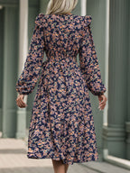 Perfee Printed Surplice Long Sleeve Midi Dress - All In The Bag
