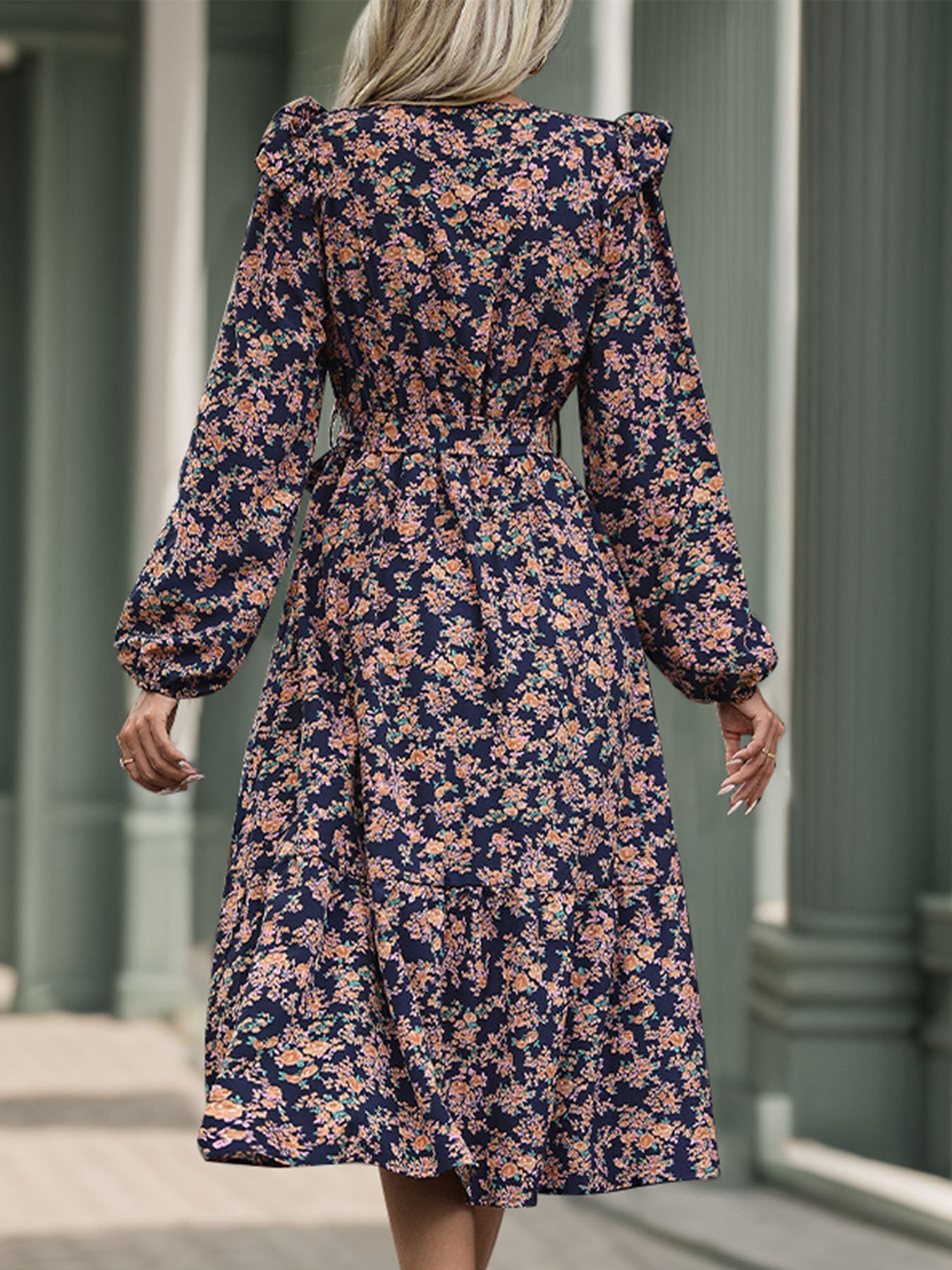 Perfee Printed Surplice Long Sleeve Midi Dress - All In The Bag