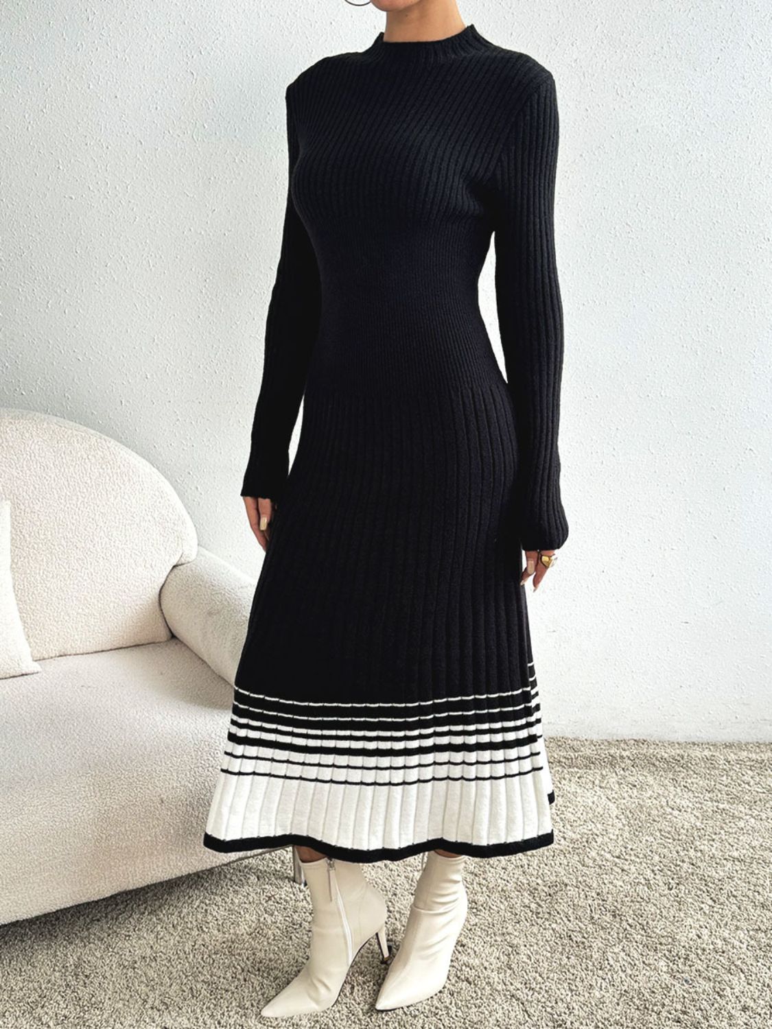Contrast Mock Neck Long Sleeve Sweater Dress - All In The Bag