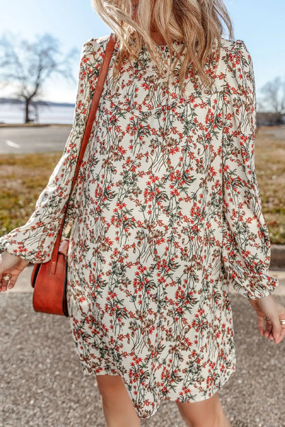 Floral Round Neck Long Sleeve Mini Dress