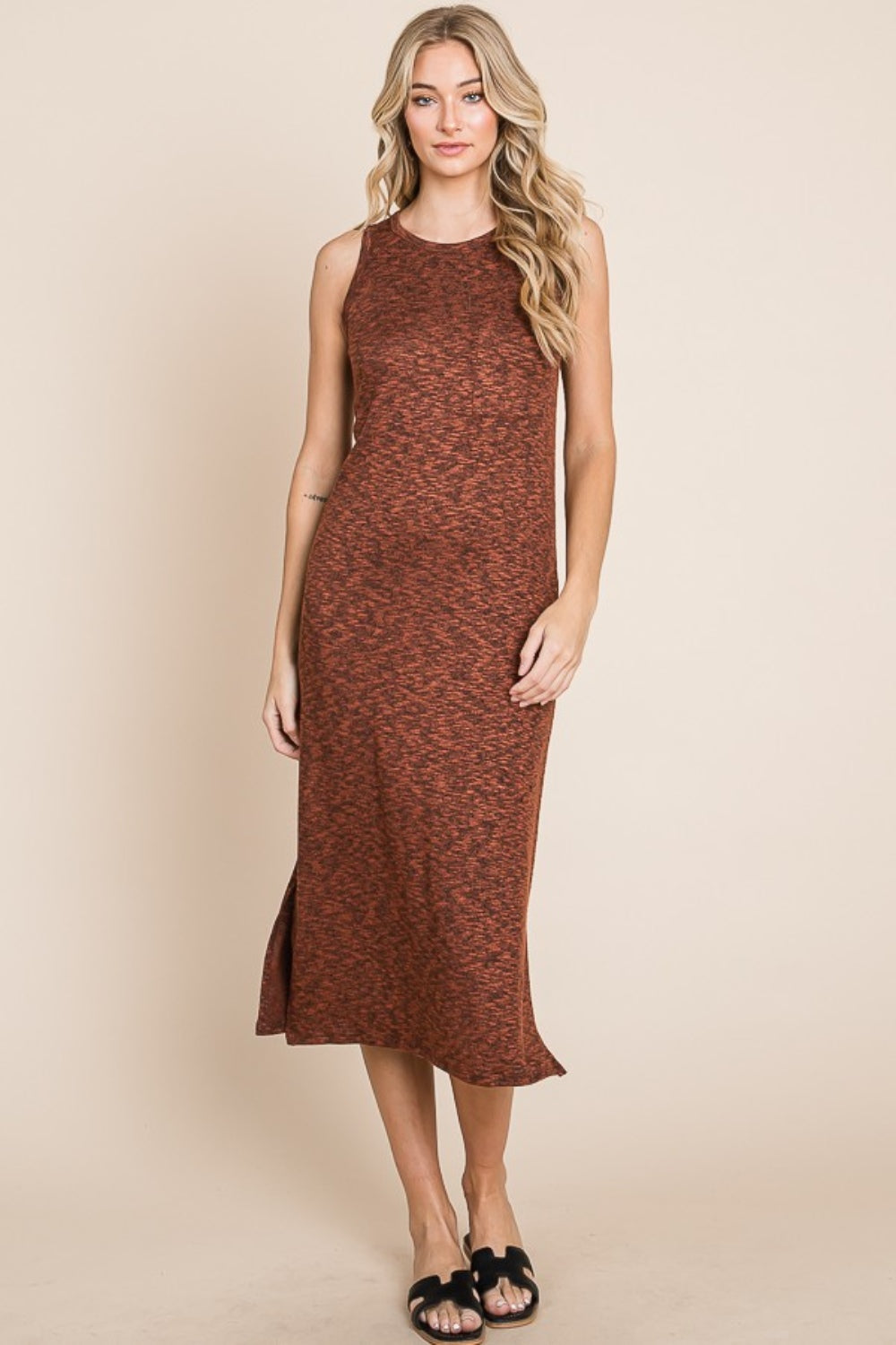 BOMBOM Slit Round Neck Sleeveless Midi Dress - All In The Bag