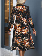 Perfee Printed Notched Long Sleeve Midi Dress - All In The Bag