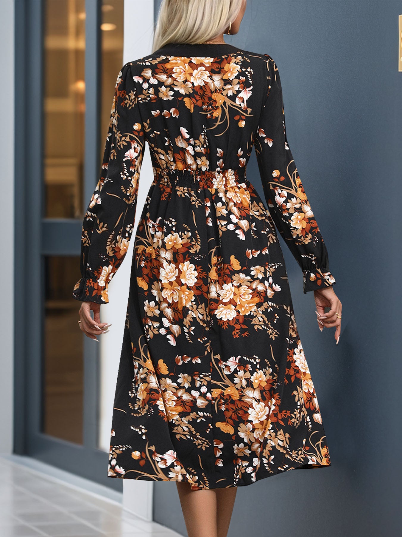 Perfee Printed Notched Long Sleeve Midi Dress - All In The Bag