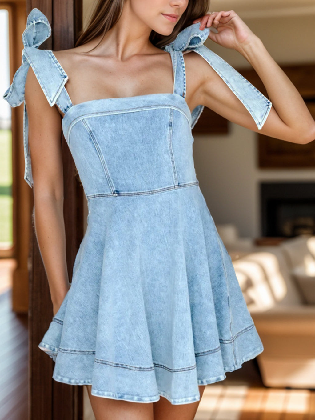 Square Neck Tie Shoulder Denim Dress - All In The Bag
