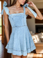 Square Neck Tie Shoulder Denim Dress - All In The Bag